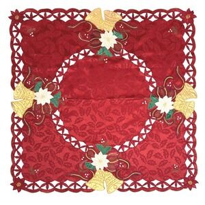 Christmas Holly Poinsettia Bells Tablecloth Red Gold Festive Holiday Decor Rico